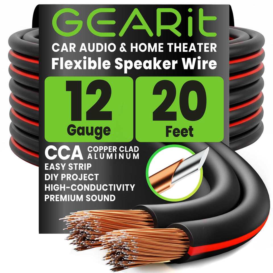 GEARit 12G speaker wire in black 20 ft for home theater and car audio.