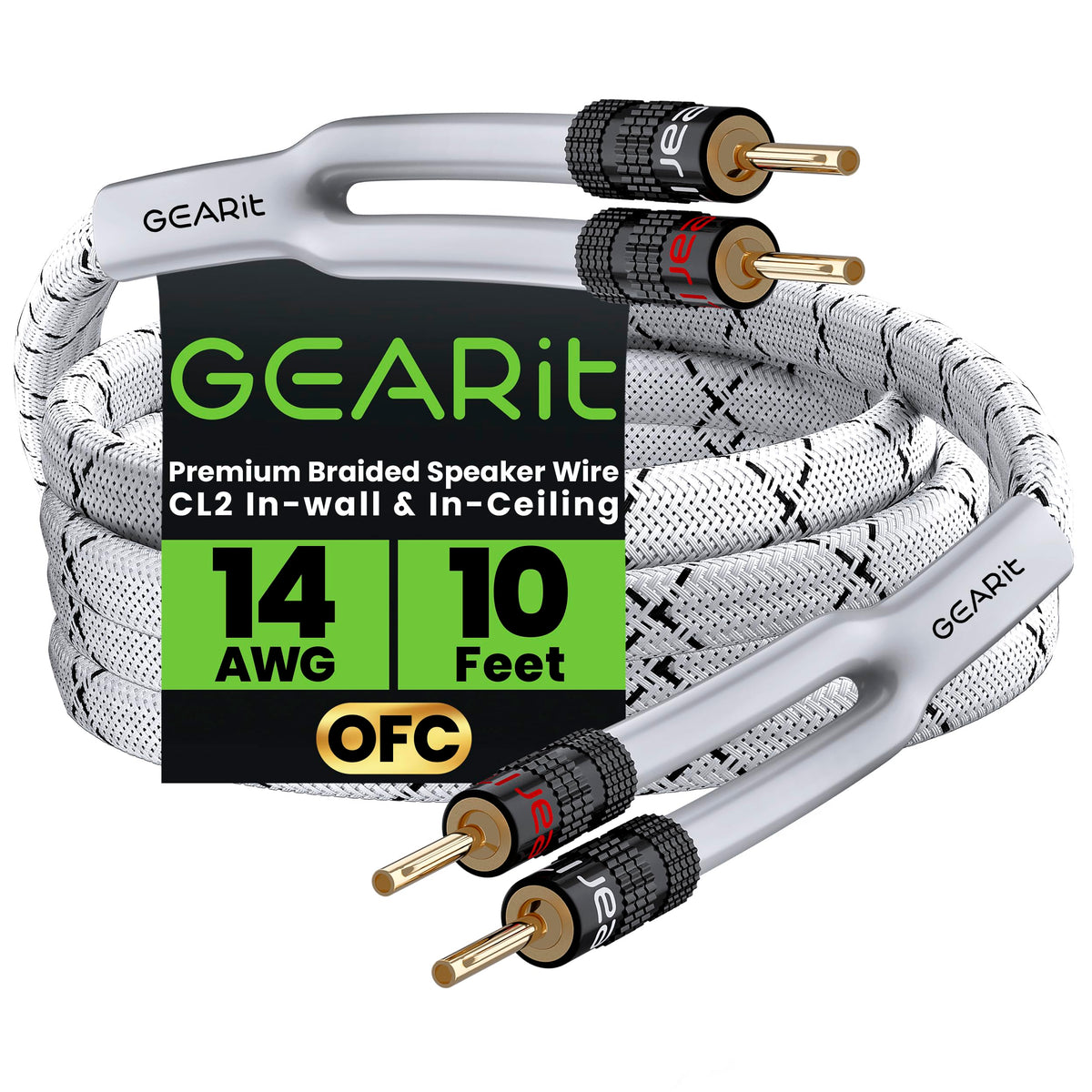 GEARit 14-gauge speaker wire with banana plugs for quick, secure connections.