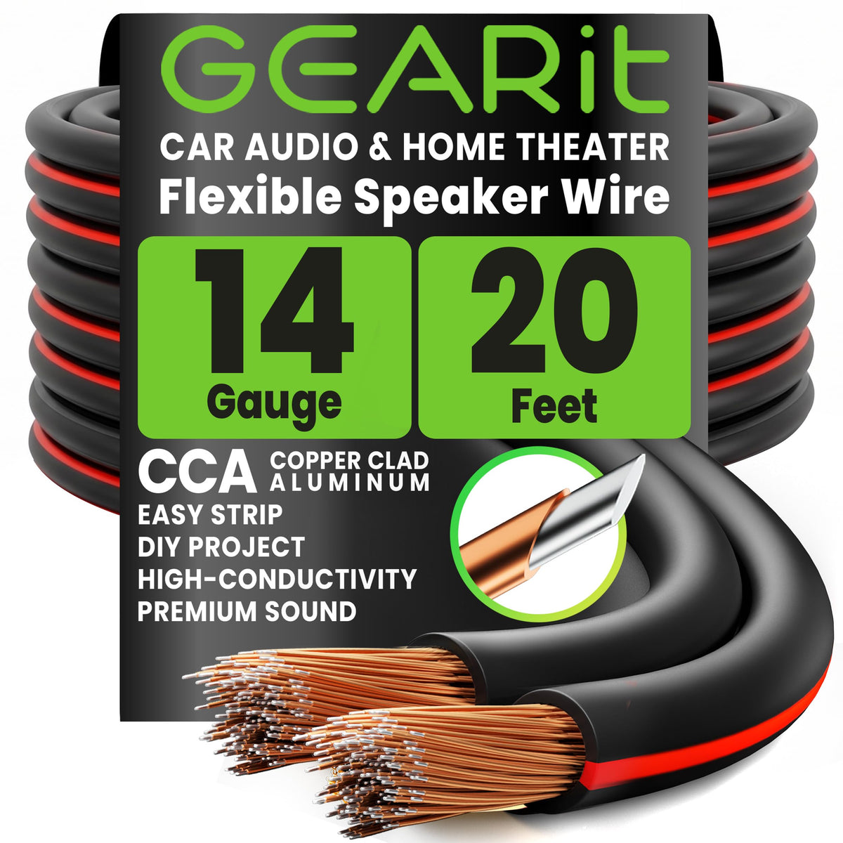 GEARit 14 gauge speaker wire coiled for easy storage and quick setup.