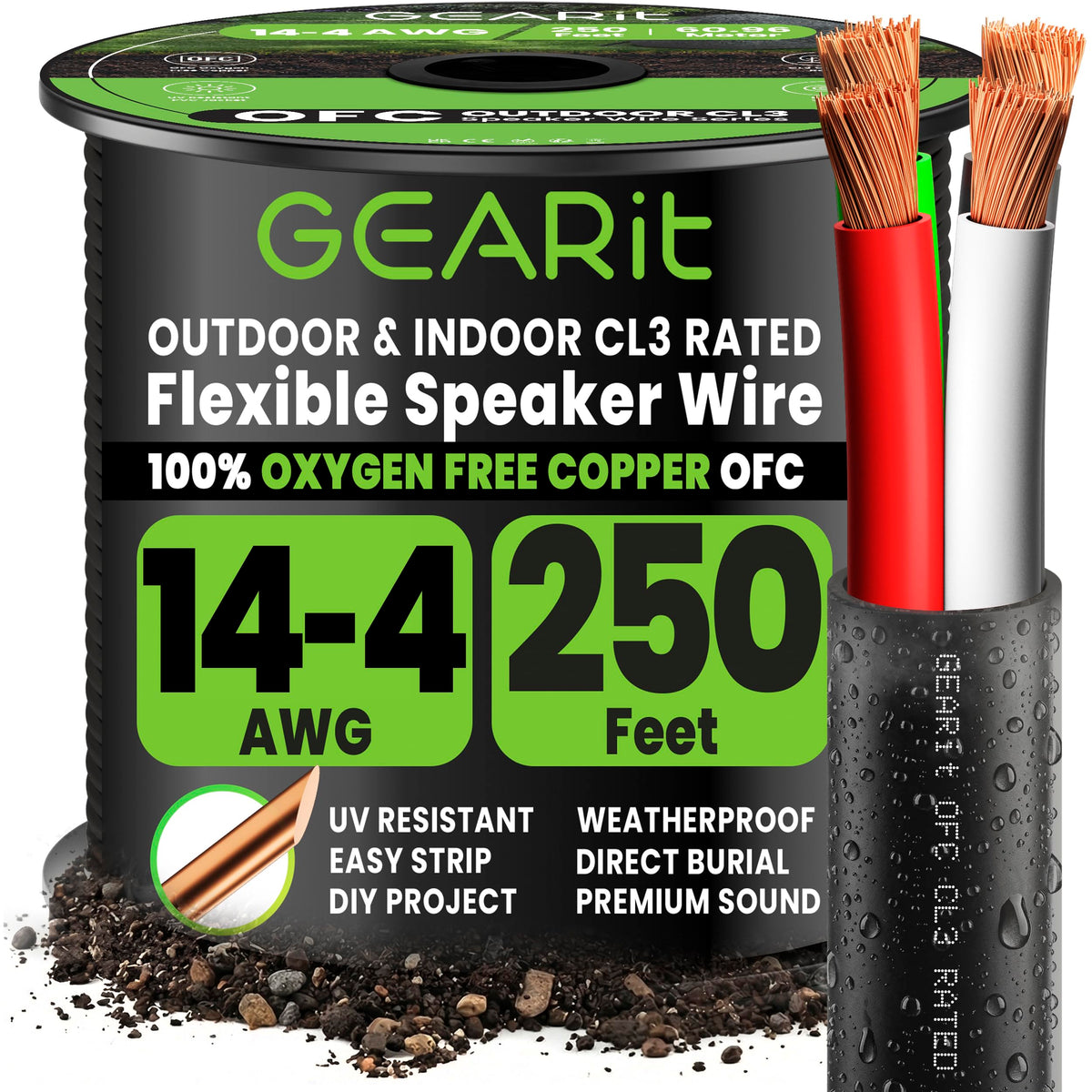 GEARit 14-gauge speaker wire spool showing long-run capability and easy handling.
