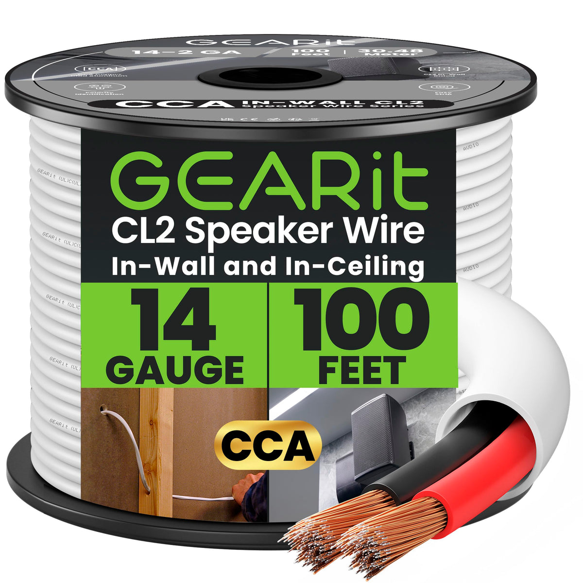 GEARit front spool of 14 gauge speaker wire showing neat coil and label benefits