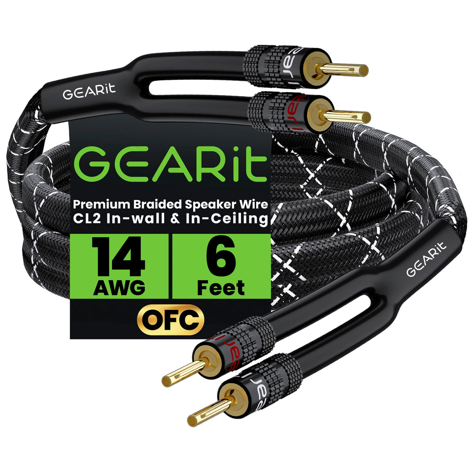GEARit 14 AWG OFC speaker wire with banana plugs for secure, easy setup.