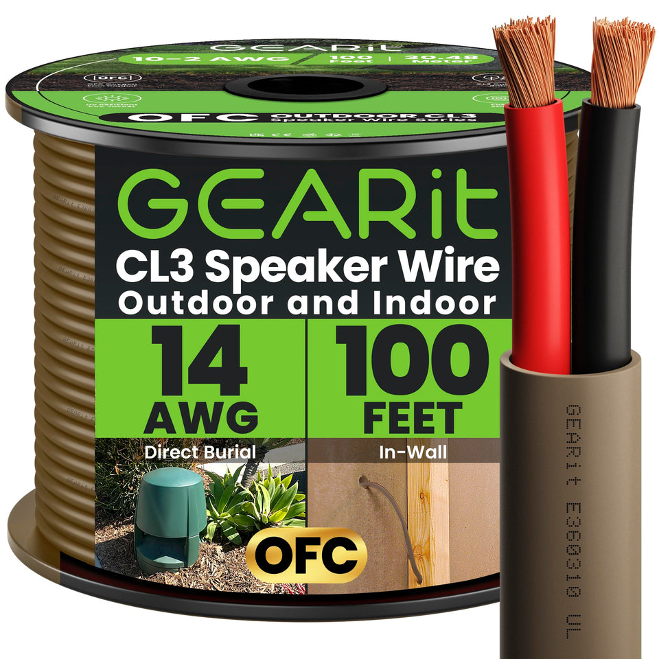 GEARit 14-gauge OFC speaker wire in 100 ft reel for clean in-wall audio.