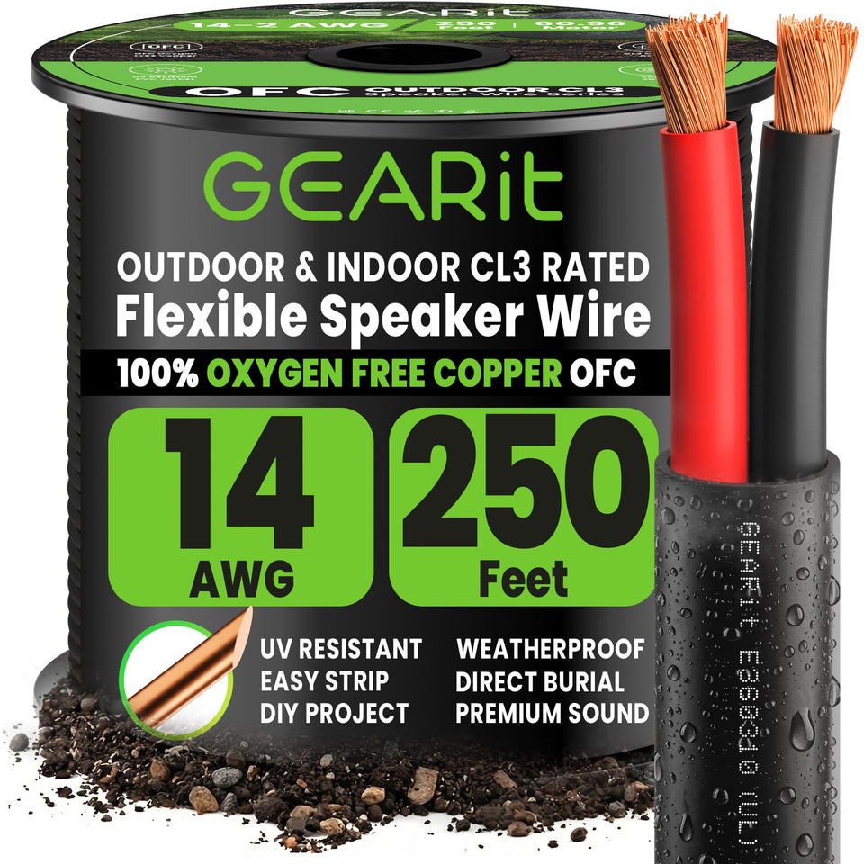 GEARit 14GA Speaker Wire with black jacket, 250 ft, ideal for in-wall runs.