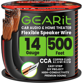 GEARit 14ga speaker wire spool, durable for home theater and DIY installs.