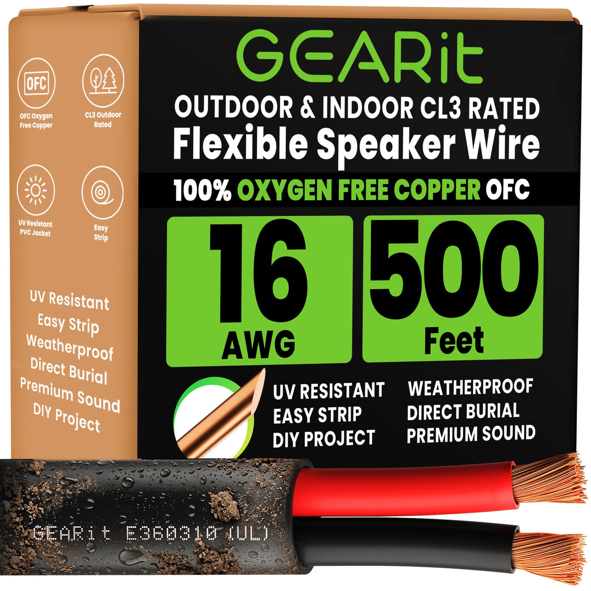 GEARit 16 Gauge Speaker Wire 500ft for indoor and outdoor audio setups