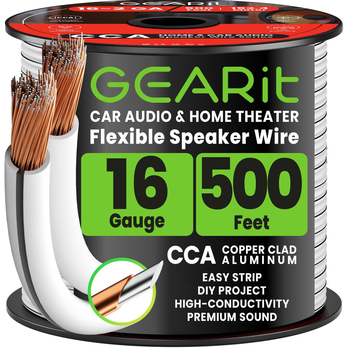 GEARit 16-gauge speaker wire 500 ft bundle for reliable home theater connections.