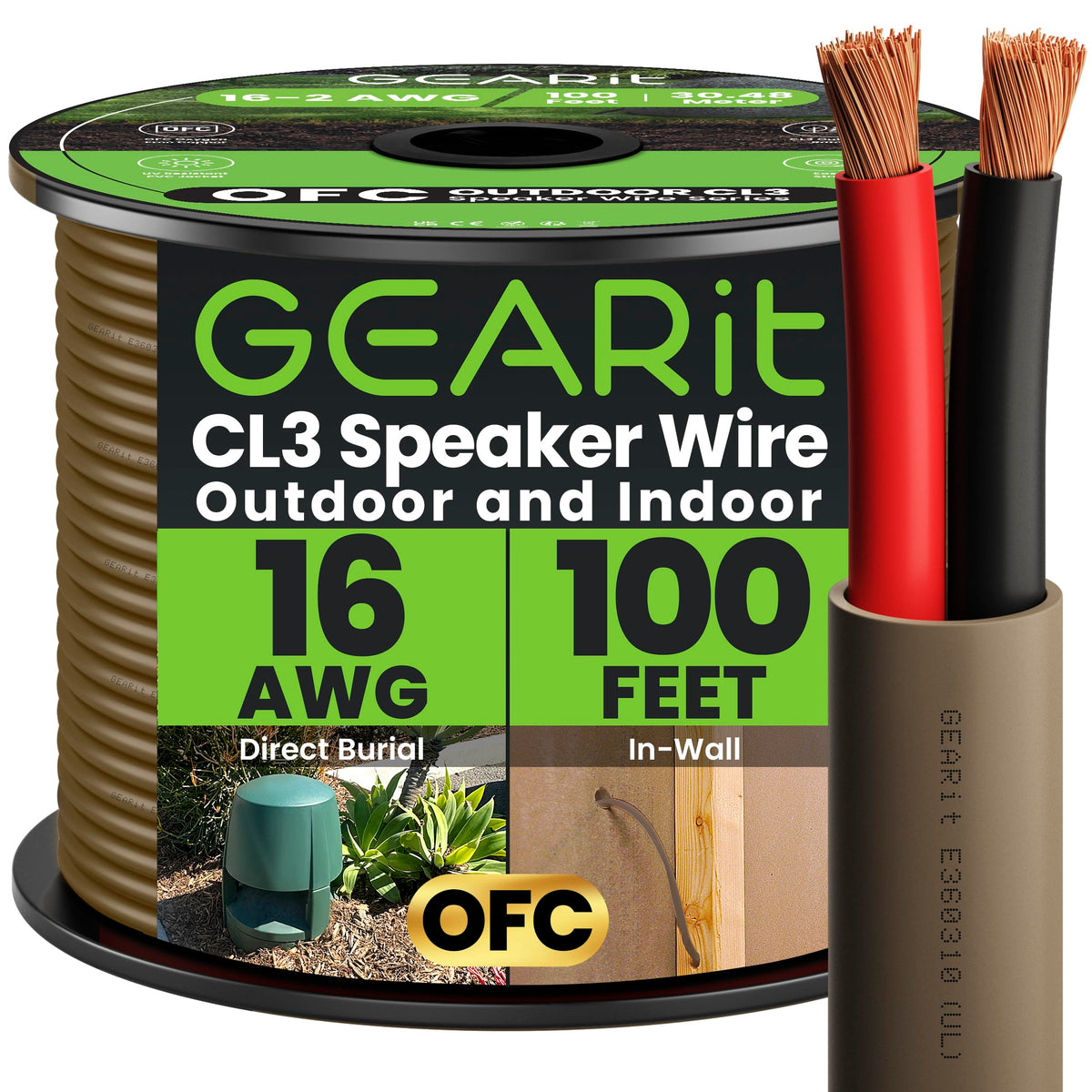 GEARit 16g speaker wire outdoors 100ft brown for clear patio or garden audio.