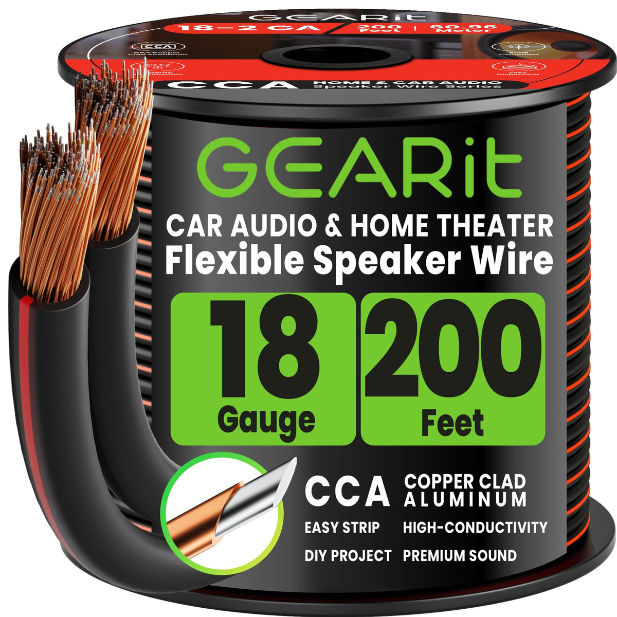 GEARit 18 AWG speaker wire 200ft black spool for clean home theater runs.