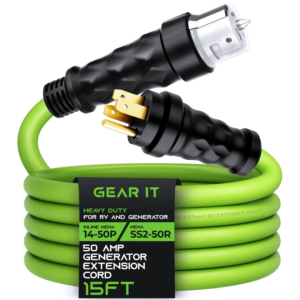 GEARit 50-amp extension cord powers an RV from a generator using a NEMA 14-50P connection.