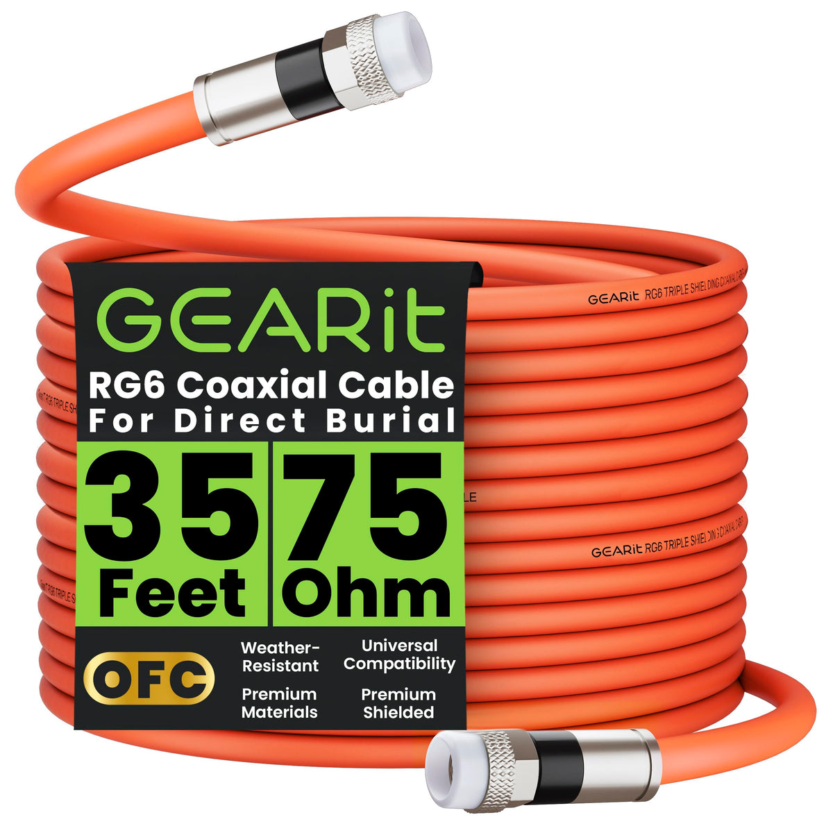GEARit coaxial direct burial 35ft RG6 cable for outdoor installations with stable high-speed signals.