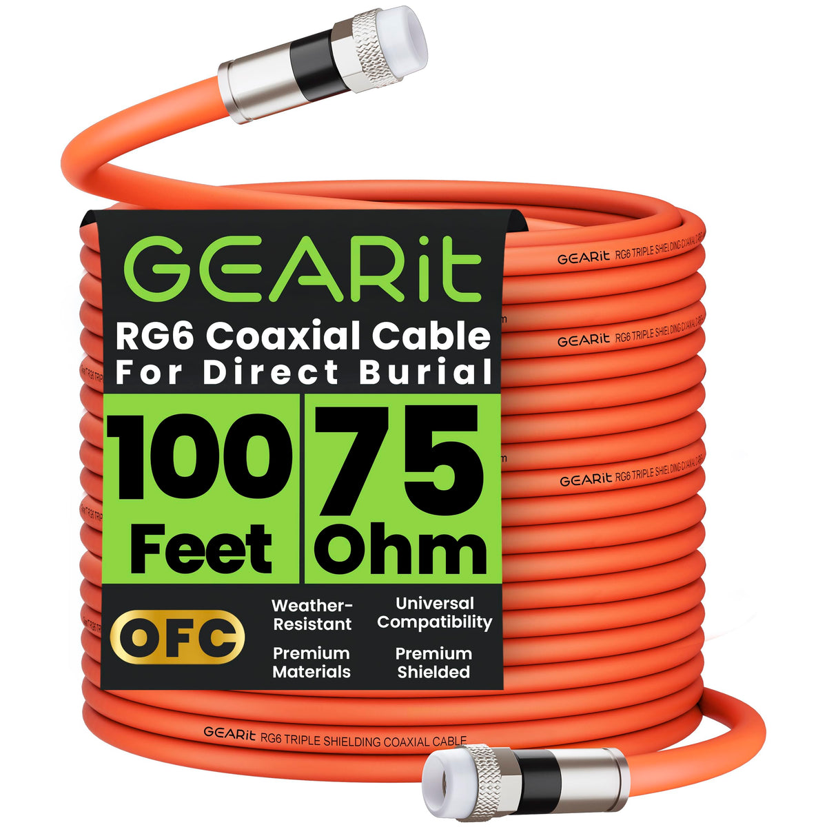 GEARit front view of 100ft RG6 cable packaging showing product and benefits