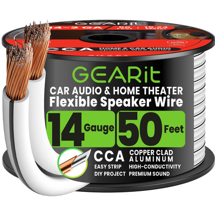GEARit front packaging of 14 gauge 50ft speaker wire showing product and length benefit