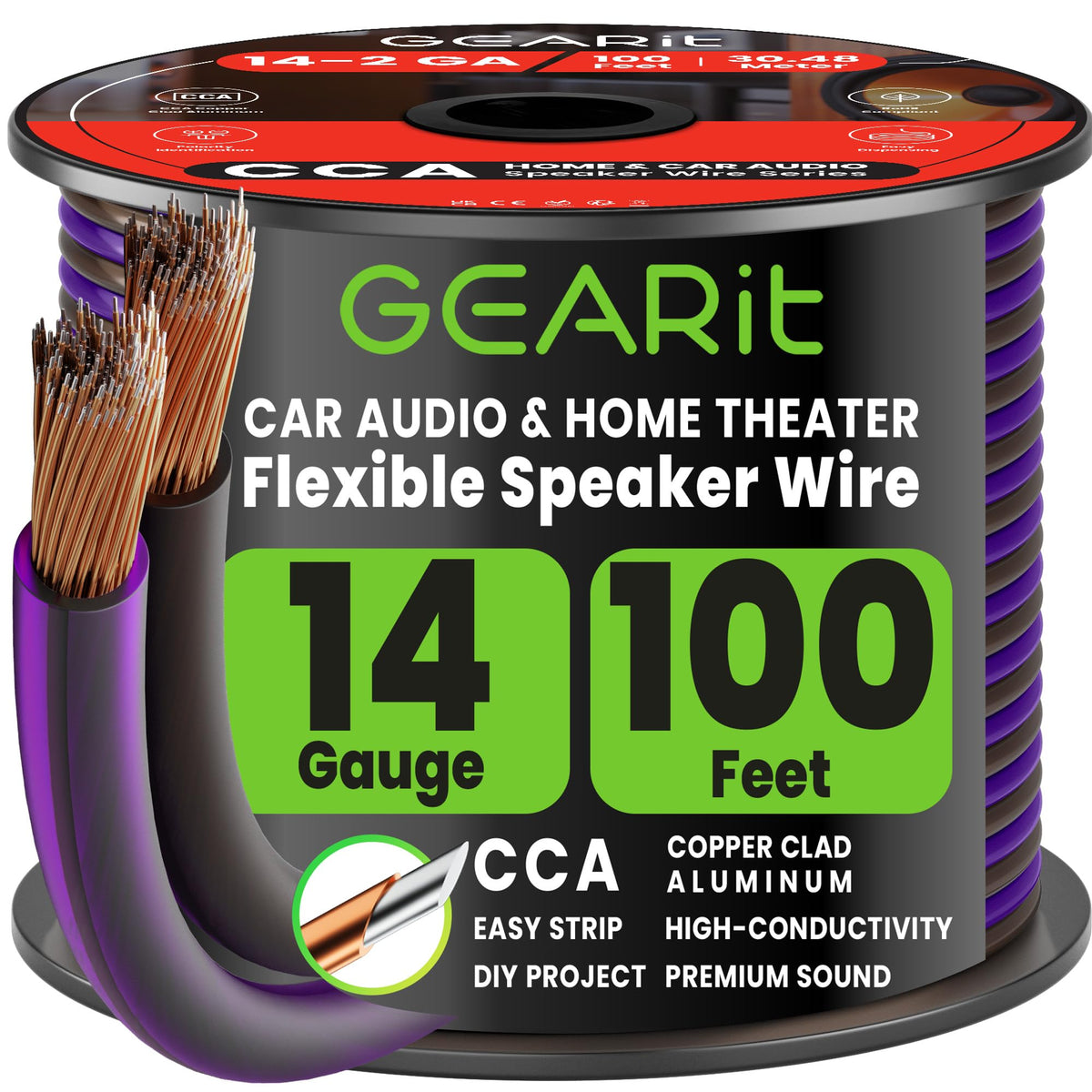 GEARit front packaging showing 100 ft purple speaker wire and branding, clear overview benefit