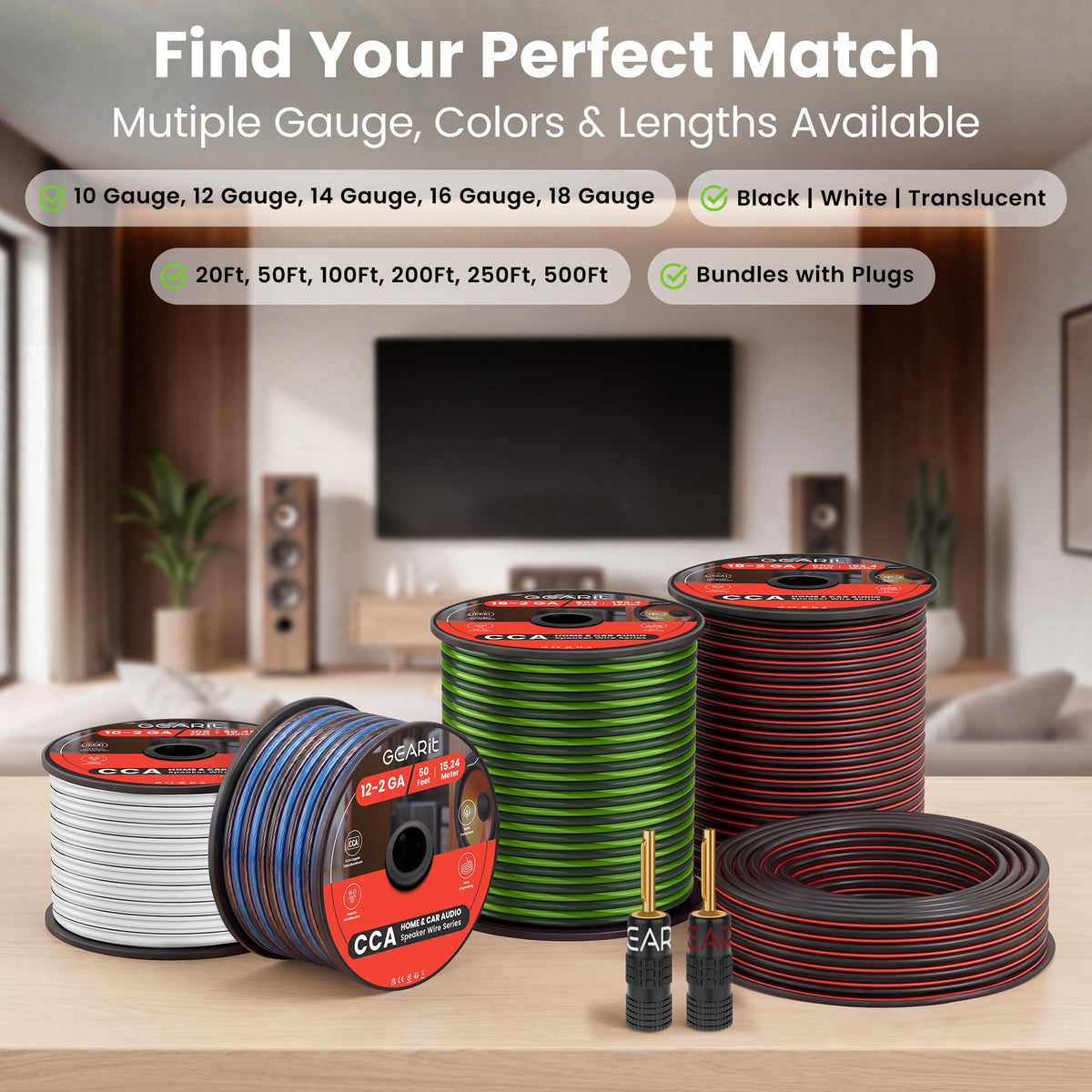 GEARit cable connected to home theater speakers illustrating clean audio setup benefit