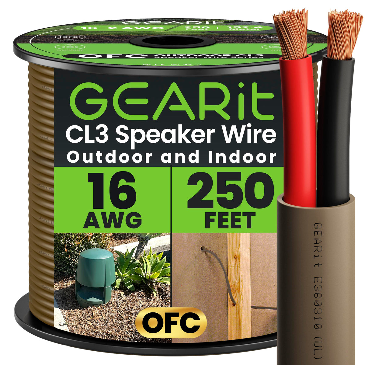 GEARit OFC speaker wire 16ga 250ft brown two-conductor for versatile setups.