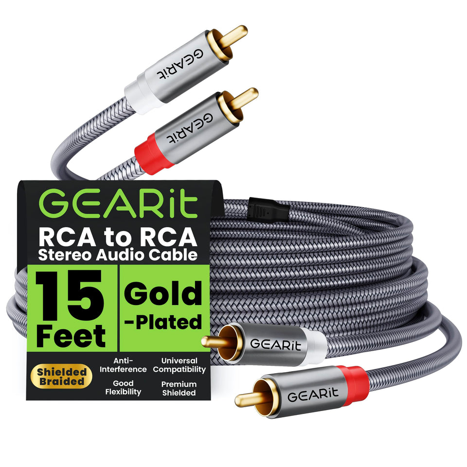 GEARit 15ft subwoofer RCA cable shows long reach and clean signal path