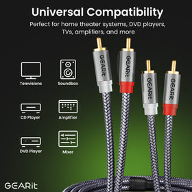 GEARit RCA cables 20ft heavy-duty metal connectors with molded strain relief resist wear.