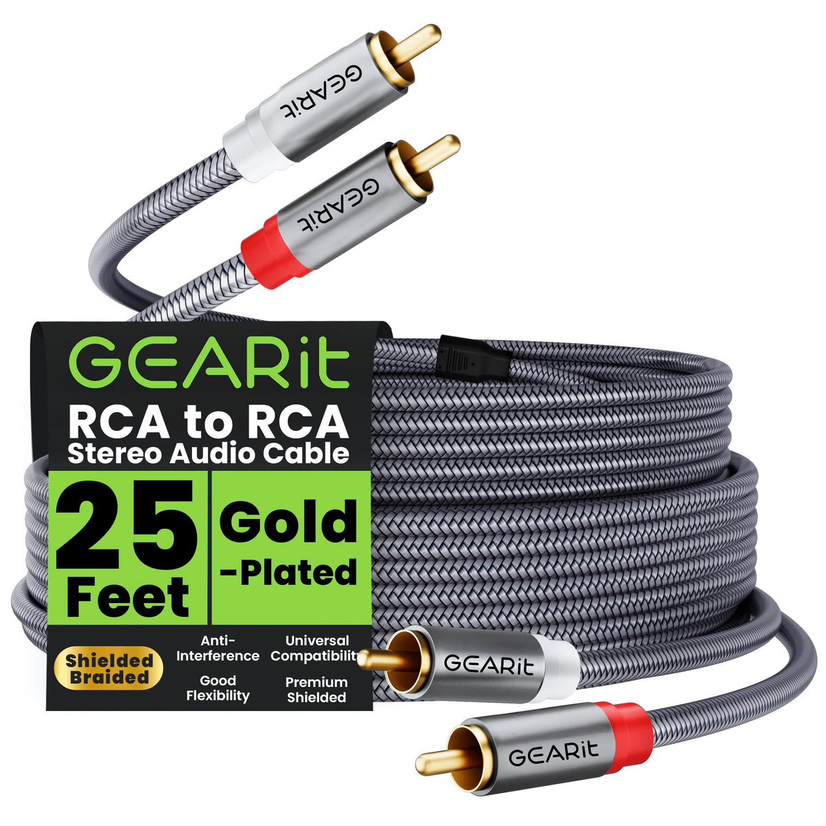 GEARit RCA cables 25ft connector close-up with gold-plated tips for clear signals.
