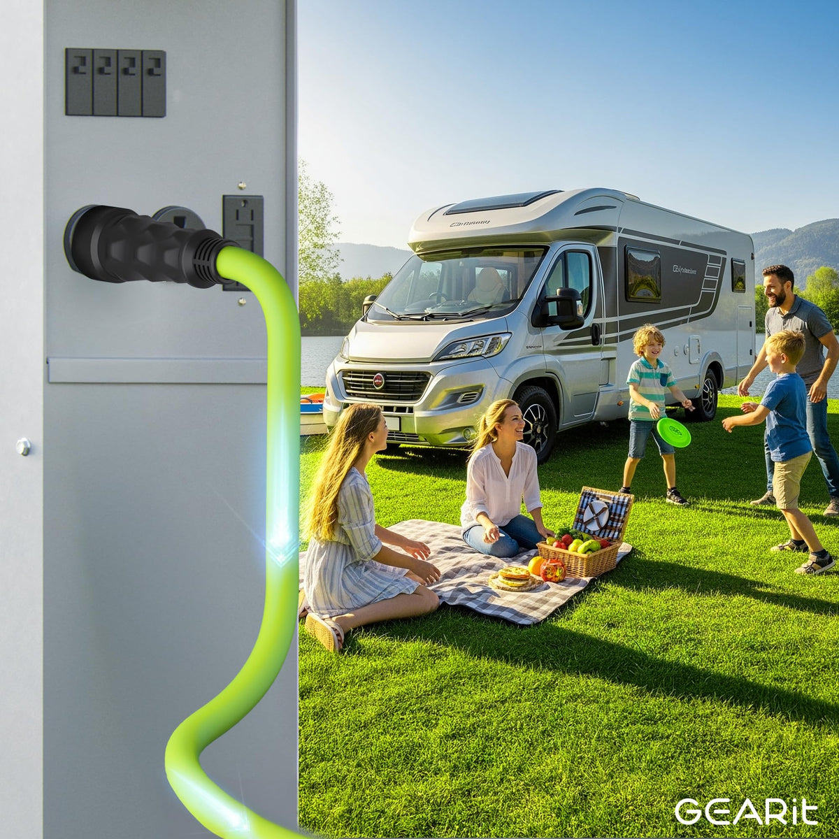 GEARit setup for RVs and generators at campsites with power-inlet compatibility.