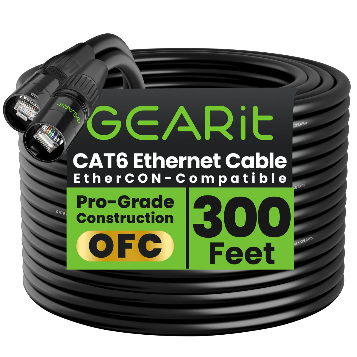 GEARit Shielded CAT6 Ethercon cable front view shows robust connectors for secure stage networks