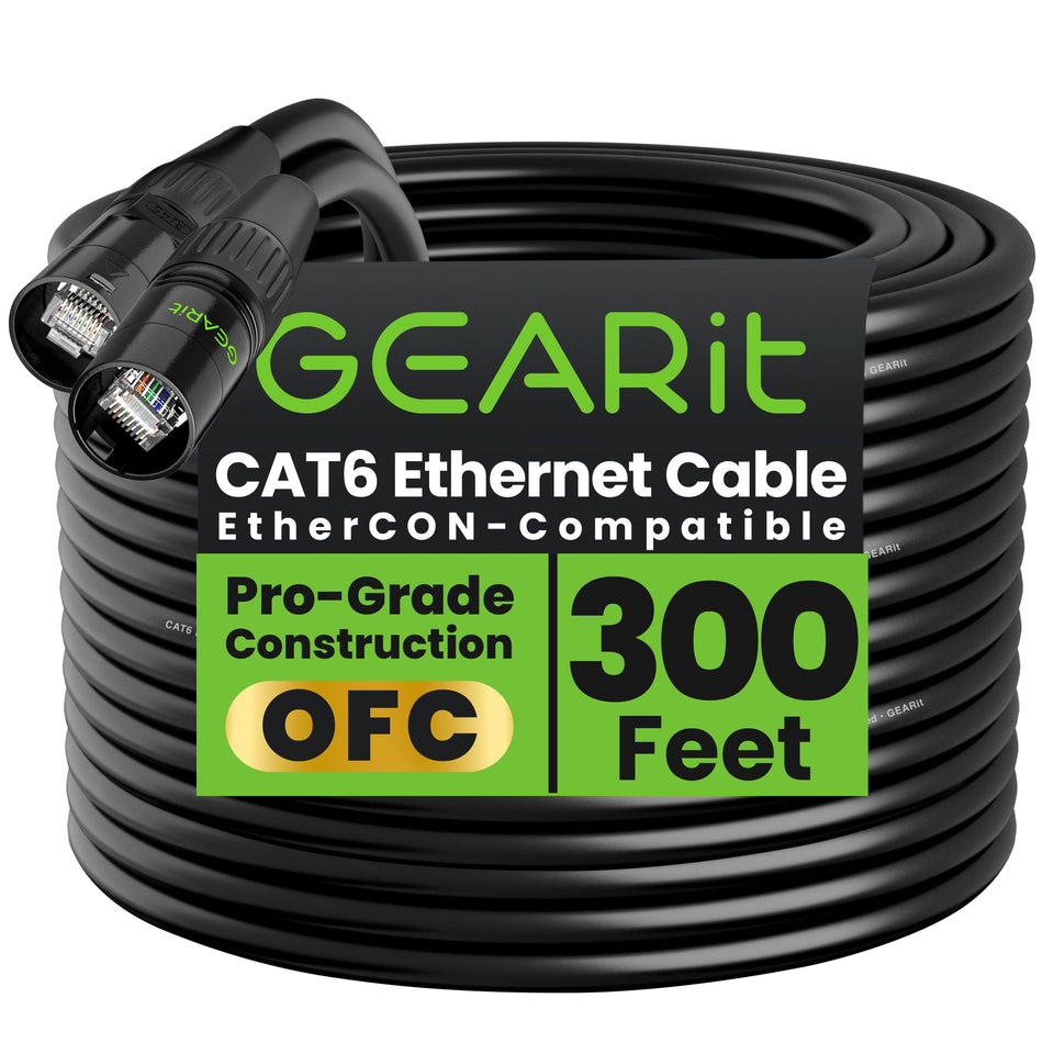 GEARit Shielded CAT6 Ethercon cable front view shows robust connectors for secure stage networks