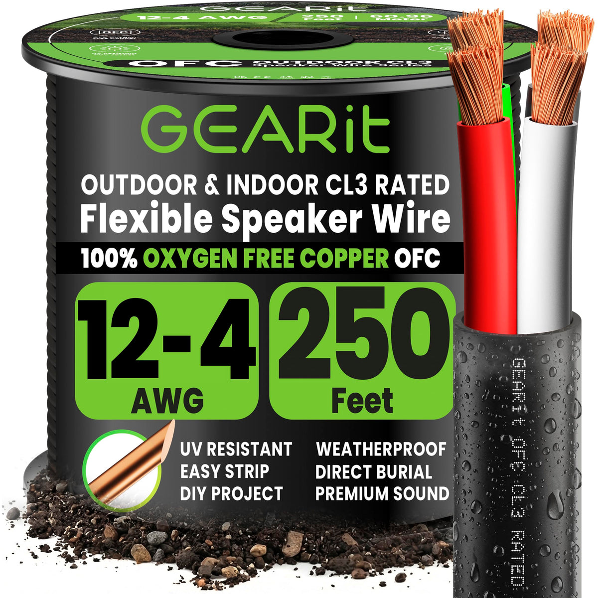 GEARit 12 AWG 250 ft speaker wire spool for long outdoor runs with clear signal.
