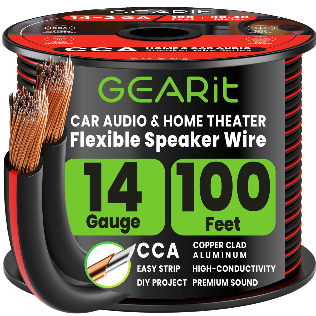 GEARit 14ga speaker wire 100ft coil for reliable audio in home theaters and cars.