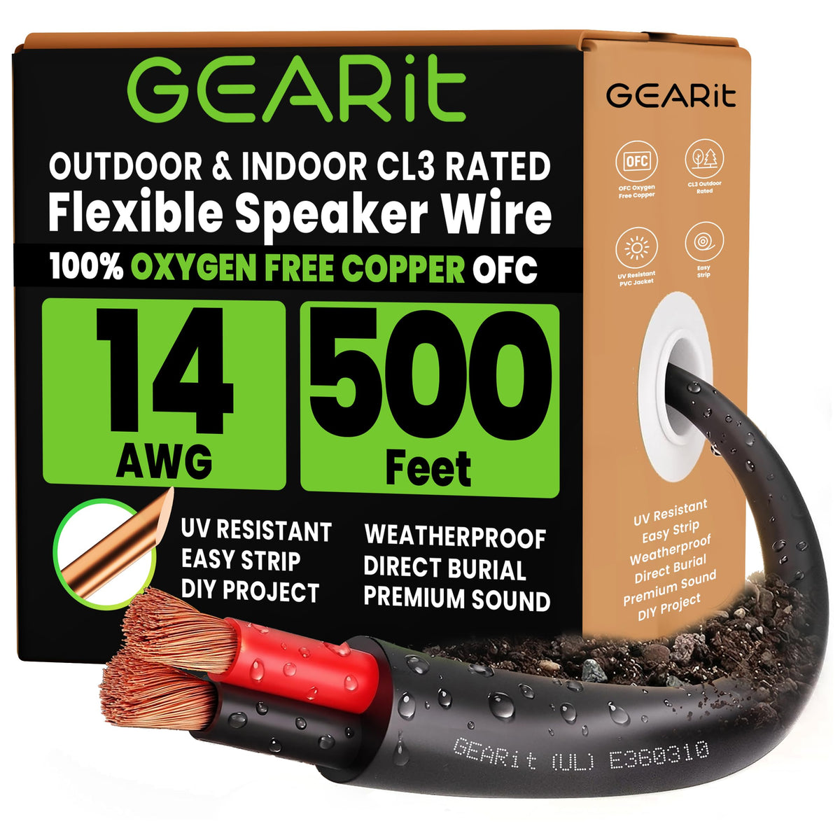 GEARit 14 gauge speaker wire 500ft coil for in wall use with flexible jacket and CL3 rating.
