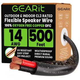 GEARit 14 gauge speaker wire 500ft coil for in wall use with flexible jacket and CL3 rating.