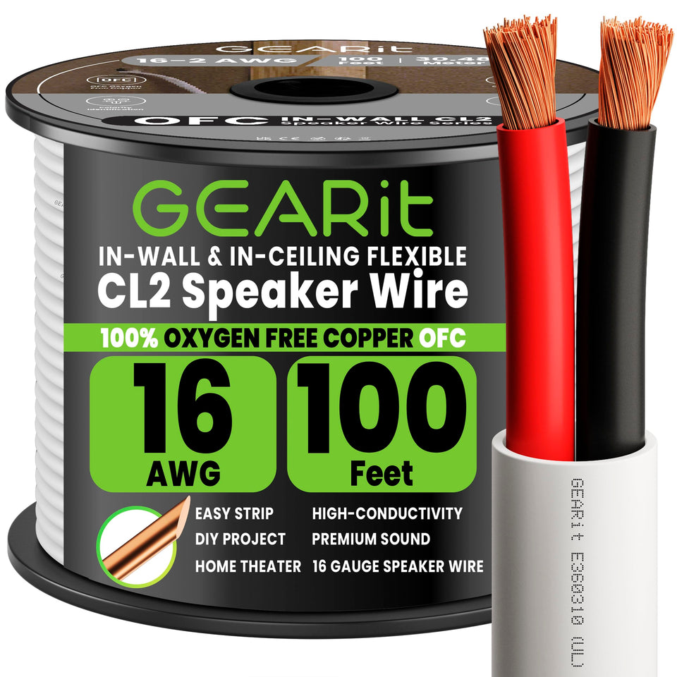 GEARit front spool showing 100 ft speaker wire and white jacket benefit tidy storage