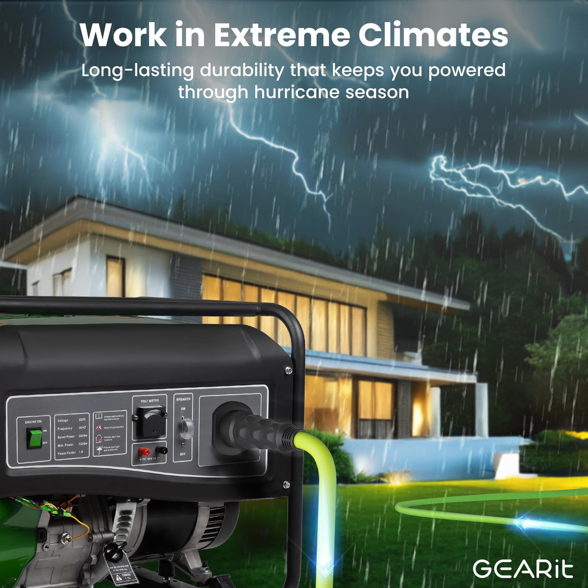 Weather-resistant cord construction tolerates wind, rain, and snow for dependable outdoor power.