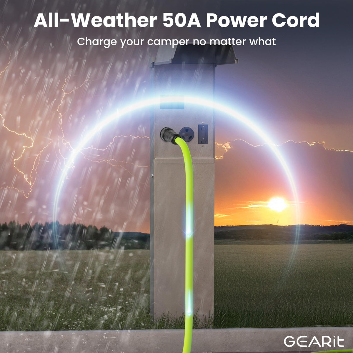 GEARit weather-resistant power cord ready for rain, snow, and outdoor use.