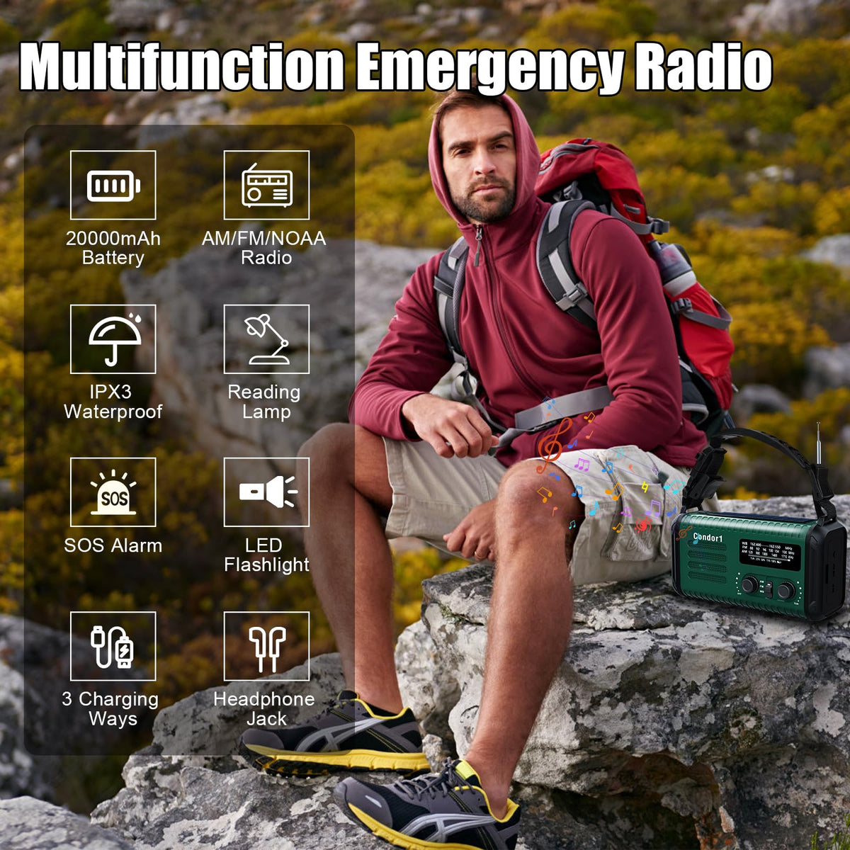 Geartist NOAA Weather Radio SOS alarm active, audible safety alert
