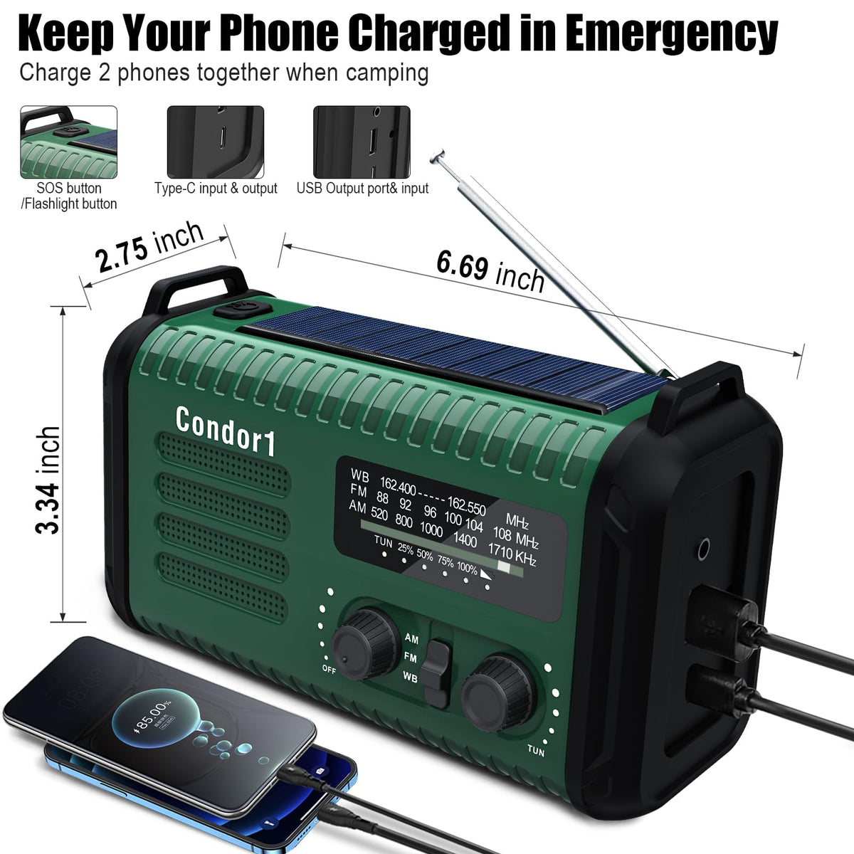 Geartist NOAA Weather Radio USB-C charging, quick device power on the go