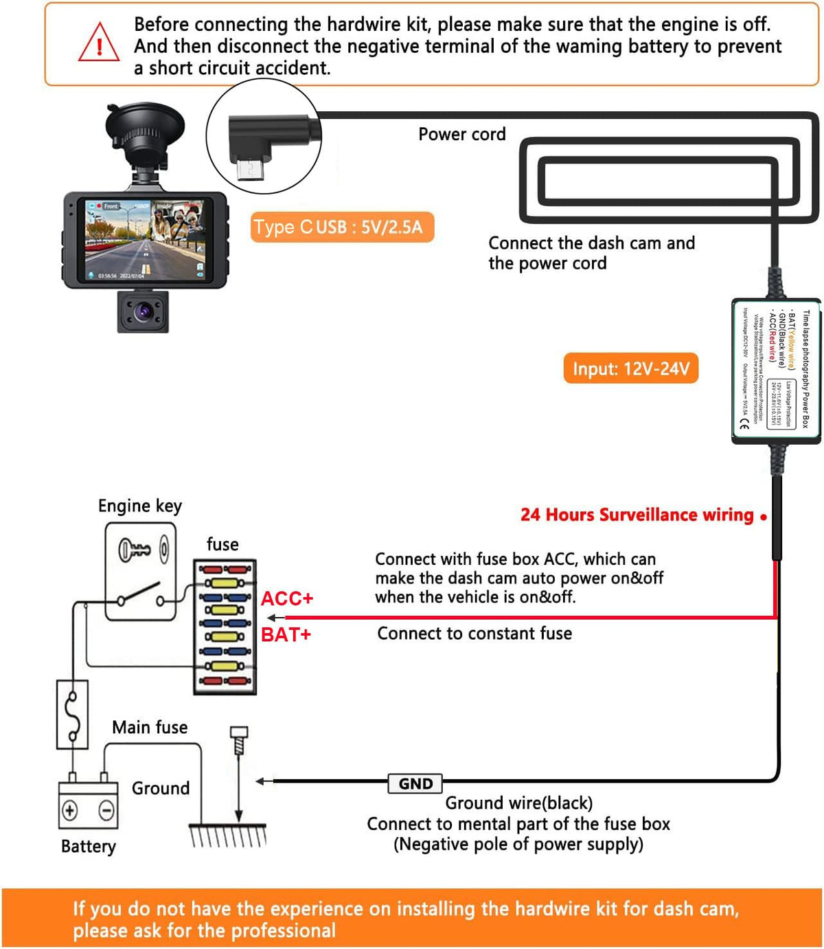 Gebildet dashcam hardwire kit with adapters fitting many vehicle models