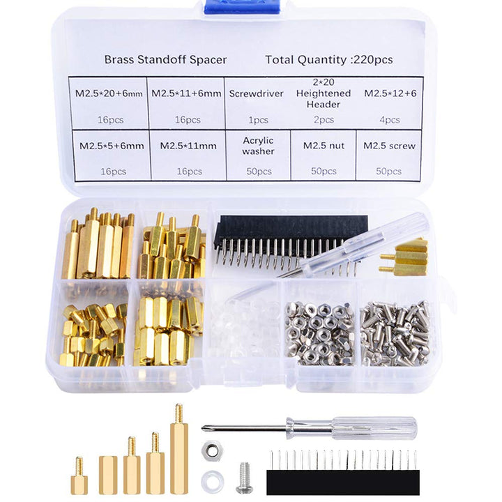 GeeekPi front view of organized standoffs kit showing compartments and parts benefits