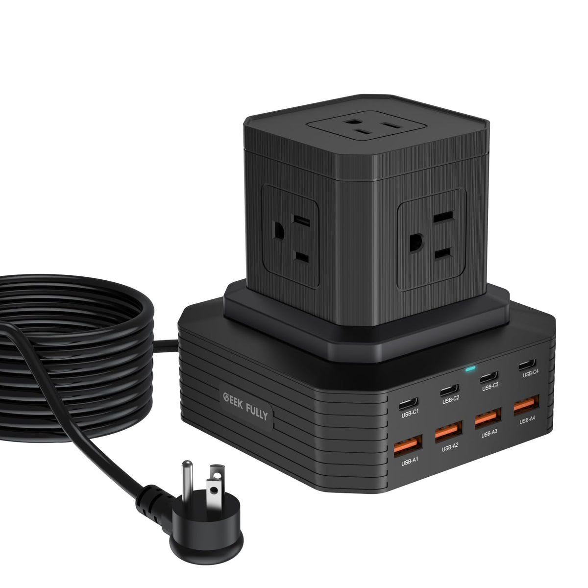 GEEK FULLY charging station front view showing all-in-one ports for a clutter-free desk
