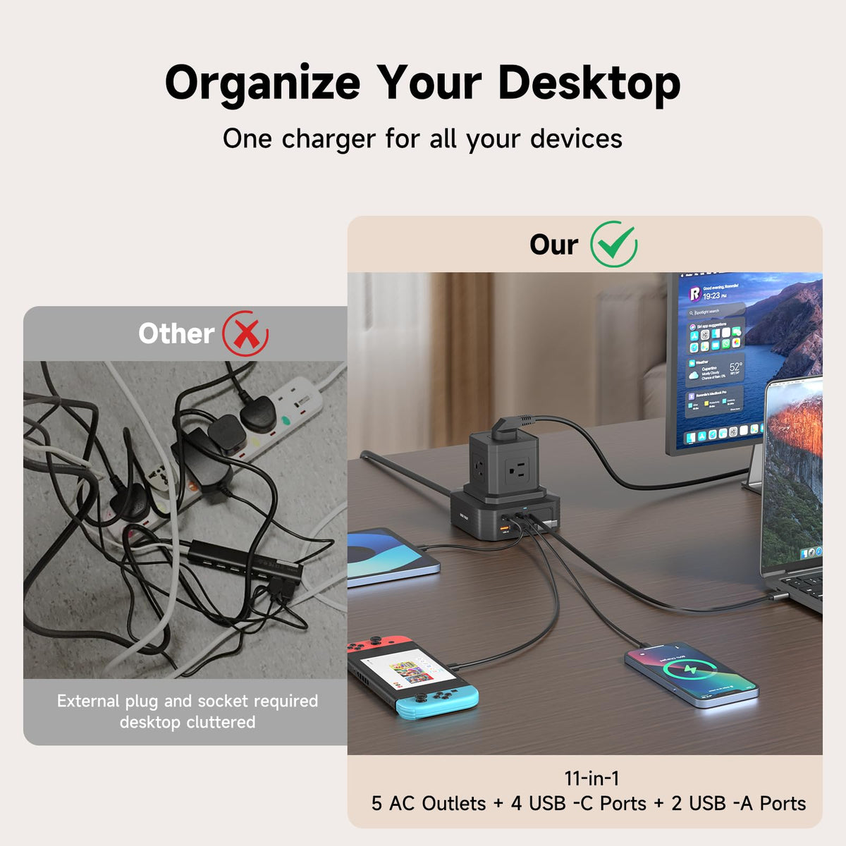 GEEK FULLY on a home office desk powering laptop, phone, and lamp for organized setup