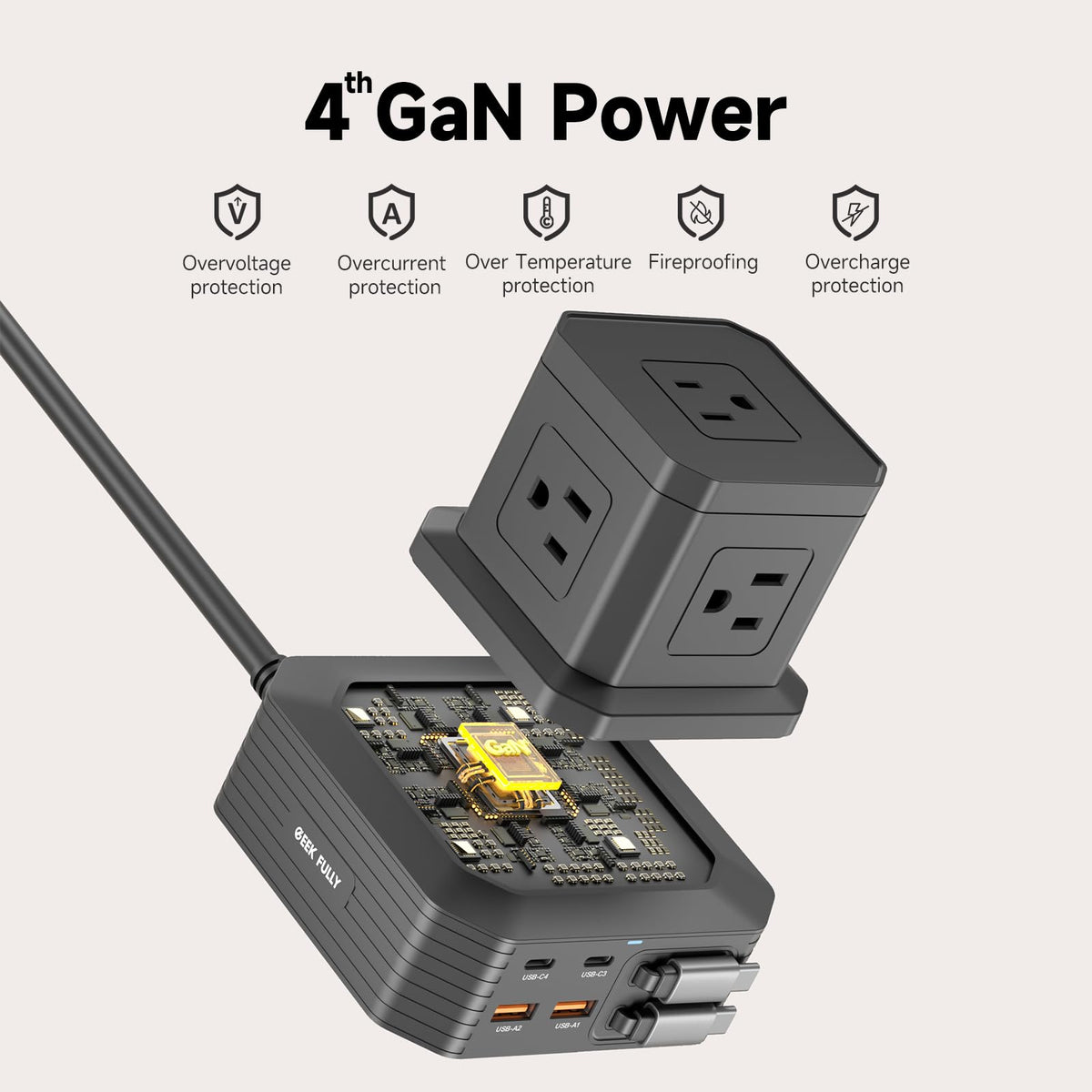 GEEK FULLY LED indicators and power buttons showing surge protection status clearly