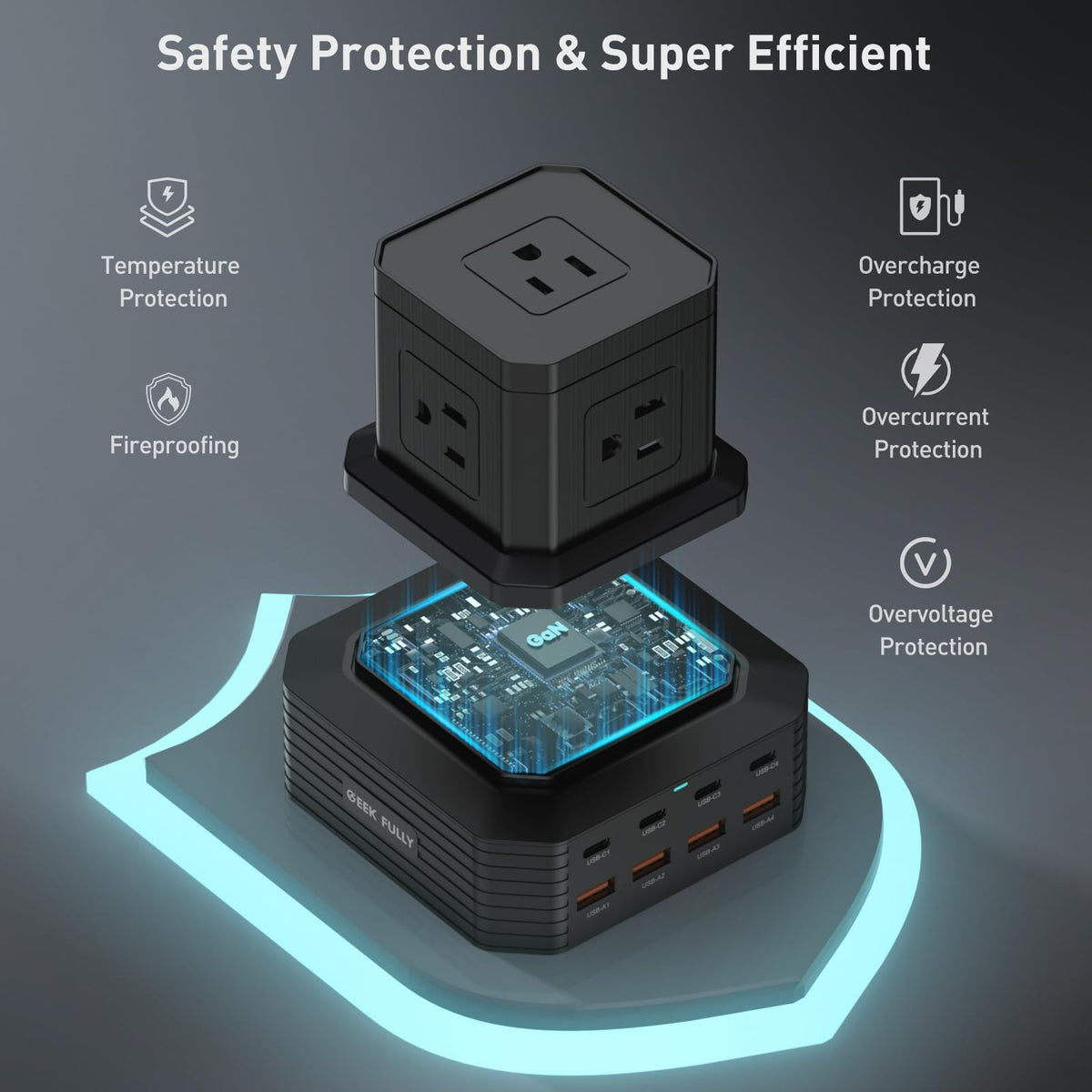 GEEK FULLY charging station USB-C ports powering laptops, tablets, and phones