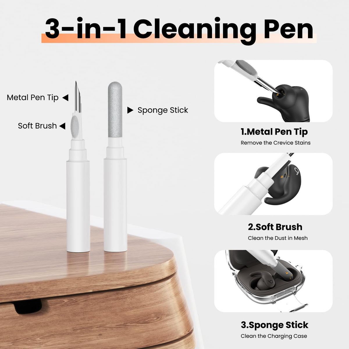 geekboy cleaning pen components arranged to maintain earbuds cleanliness
