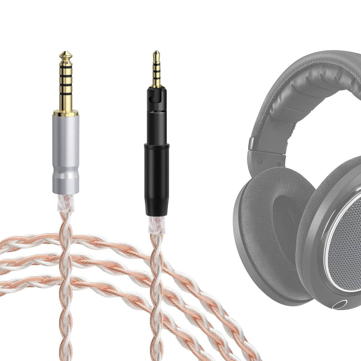 GEEKRIA Apollo silver-plated cable connected to a Sennheiser headset with 4.4mm plug