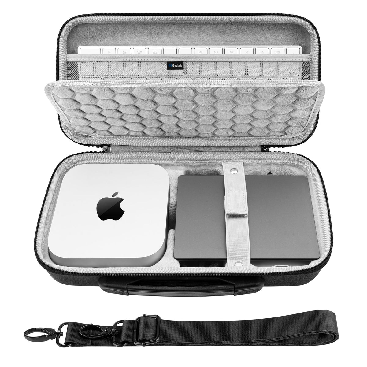 GEEKRIA desktop hard travel case front view protecting Mac mini and accessories.