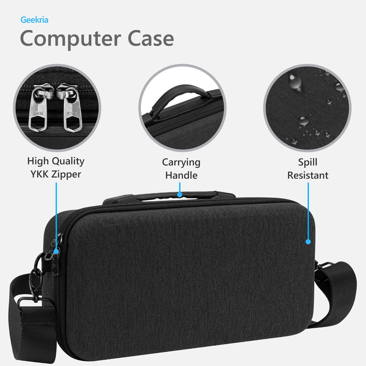 GEEKRIA case interior compartments keep cables, keyboard, and trackpad organized.