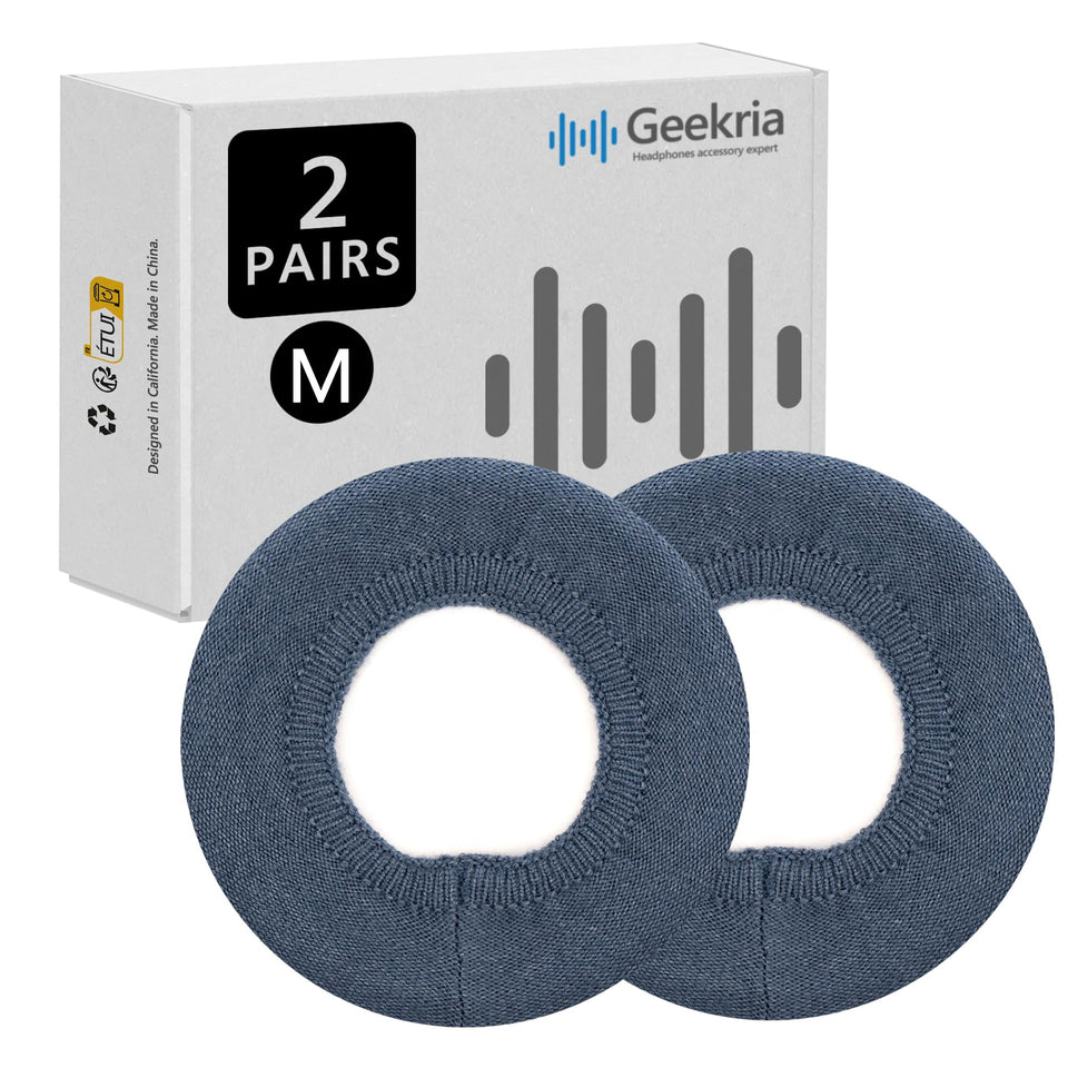 GEEKRIA front packaging showing two pairs of blue washable ear covers, protects headphones