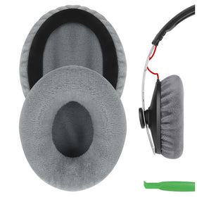 GEEKRIA front view showing grey velour ear pads and packaging benefit comfort