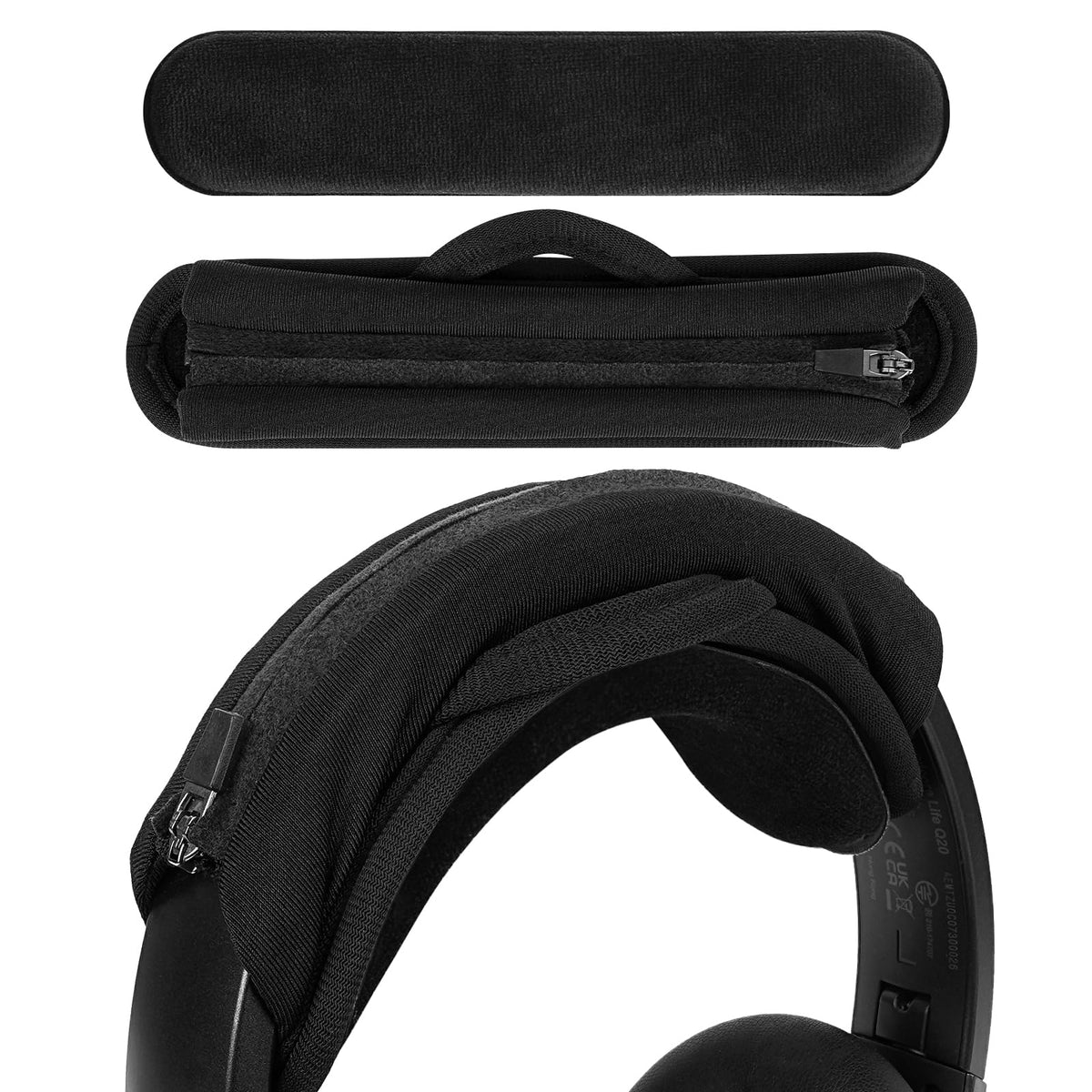 Geekria headband cover in black close-up shows soft velour texture for comfortable listening.