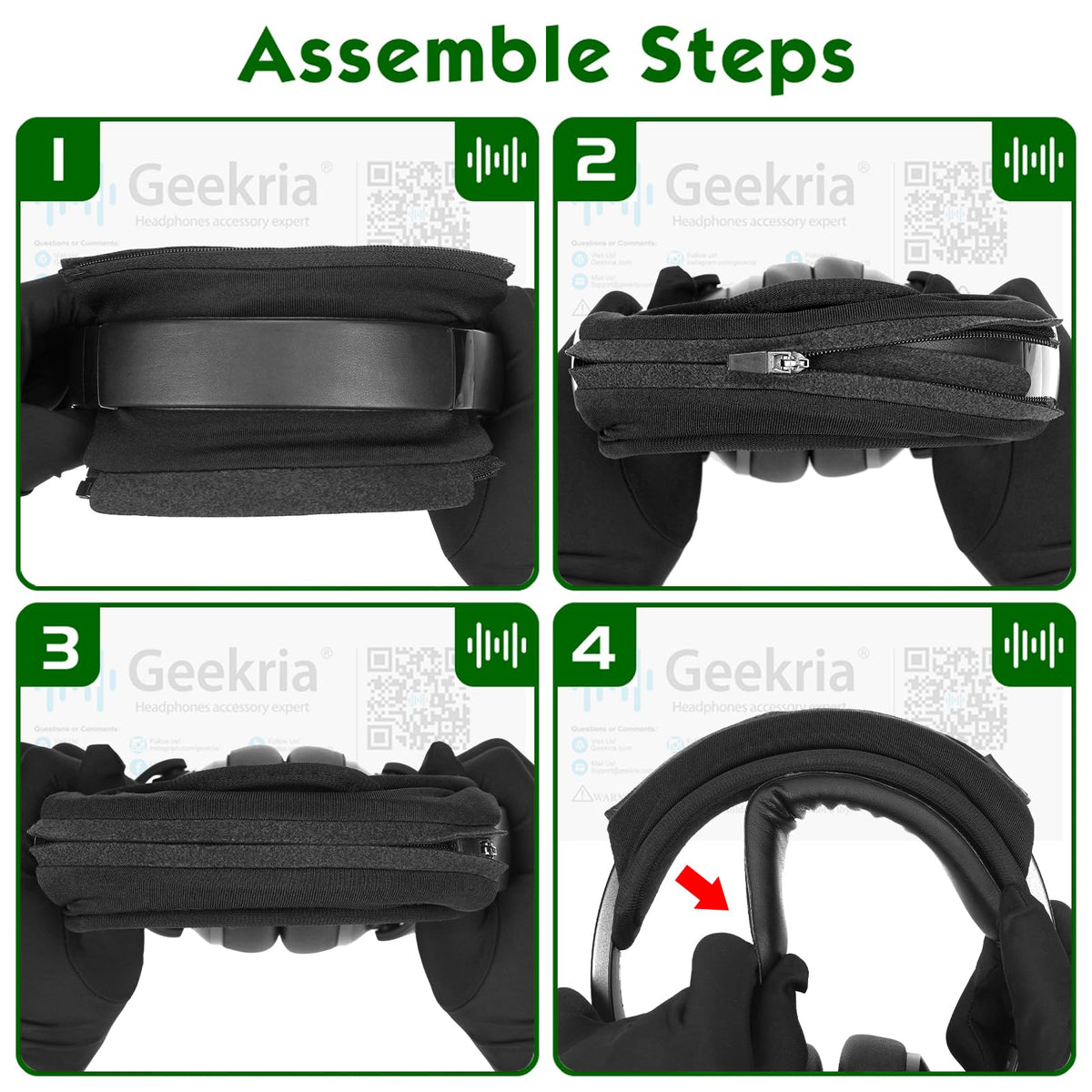 Geekria headband cover mounted on headphones shows compatibility with medium-sized bands.