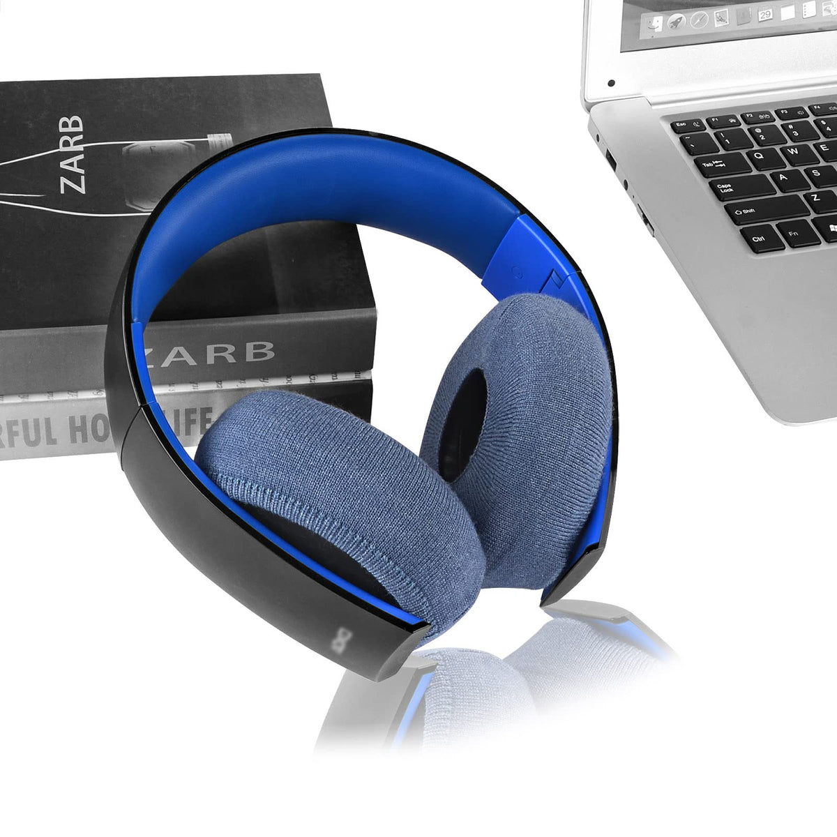 Geekria blue knit ear covers on a headset demonstrating broad compatibility